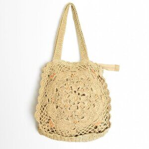 beige crochet purse wood beads hippie boho hobo bag tote